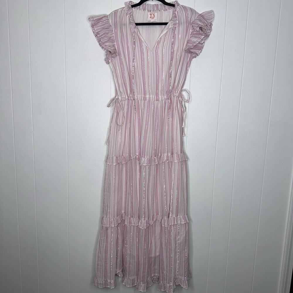 Victoria Dunn Women’s Pink Tiered Striped Maxi Dress Gauze Cotton Shimmer Size S